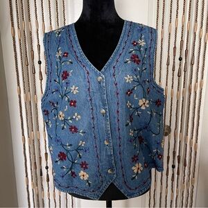 Vintage Cottage Core Womens Bobbie Brooks Embroidered Chambray Vest Blue…